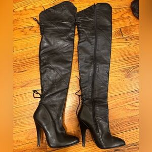 Elegant fetish Black Over-the-Knee genuine leather thigh high heeled Boots